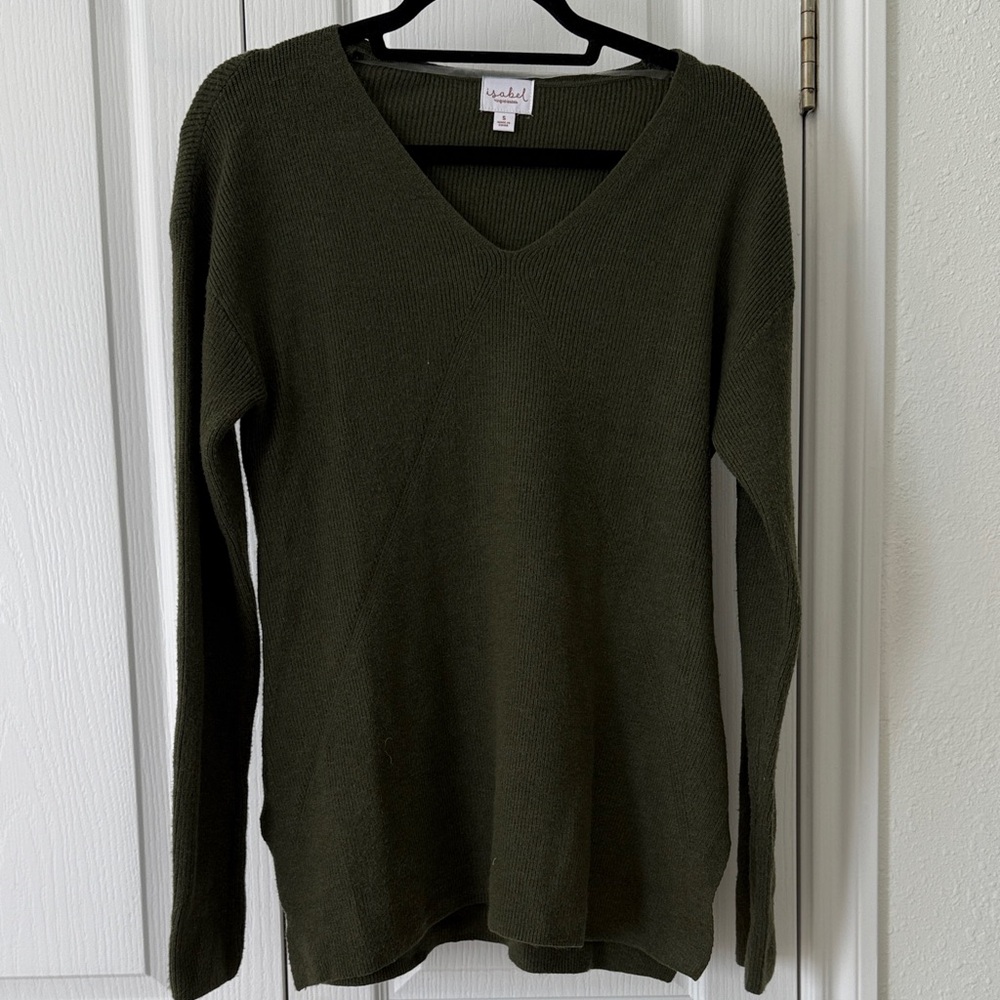 Isabel Maternity by Ingrid & Isabel Olive Green V-Neck Knit Sweater Size Small